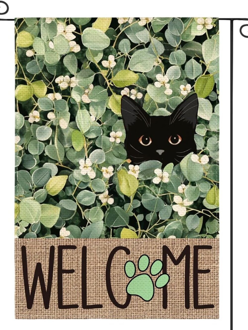 Black Cat Welcome Eucalyptus Garden Flag 12x18 Inch